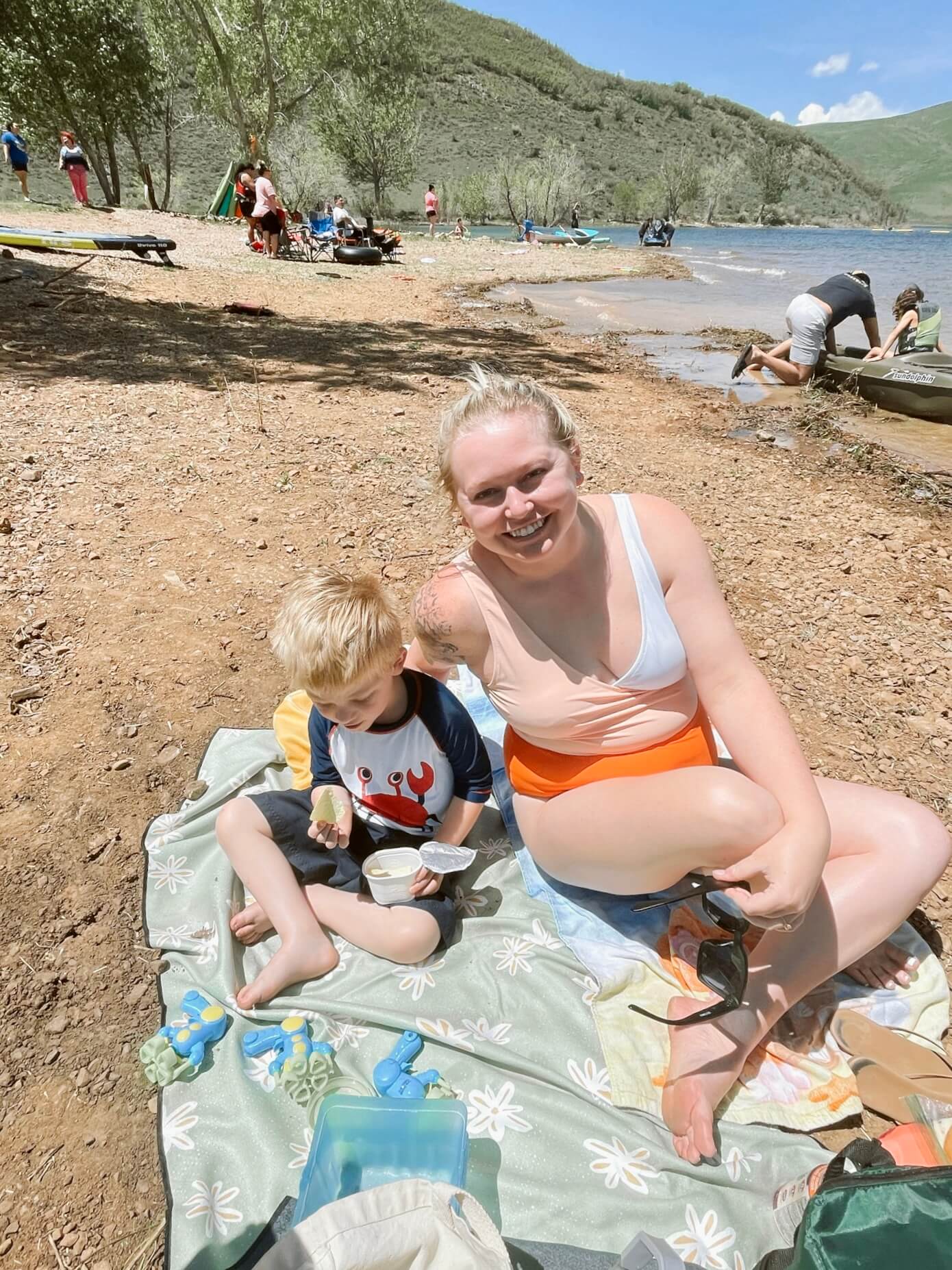 mother and son at the lake